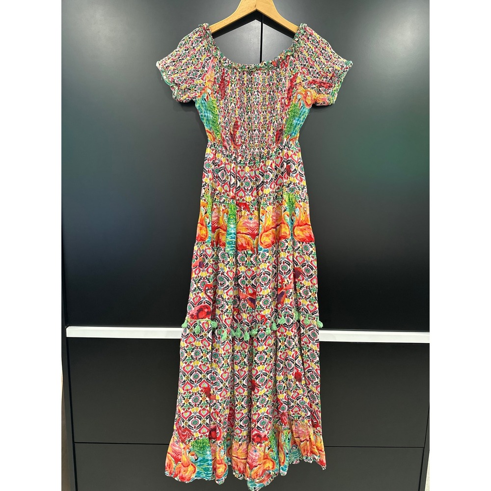 Antica Sartoria Giacomo Cinque Flamingo Print Smocked Maxi Dress Cotton OS AC256